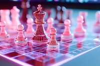 Glass chess pieces on illuminated board with pink and blue neon lighting creating futuristic atmosphere, strategic game concept with focus on king piece.