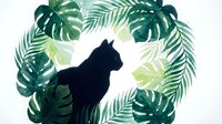 Black cat silhouette surrounded by lush tropical foliage including monstera and palm leaves, isolated on white background for design projects.