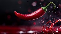 Fresh red chili pepper with water drops floating above splashing liquid on dark background with bokeh lights, dramatic food photography.