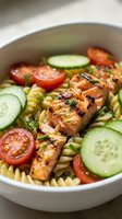 Grilled salmon pasta salad with fresh cucumber and cherry tomatoes in white bowl, healthy Mediterranean meal with herbs and vegetables for lunch.