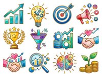 Growth strategy and business success icons set featuring upward arrows, lightbulb innovation, target achievement, megaphone marketing, trophy award, funnel conversion, financial analysis, handshake partnership, brain creativity, and coin growth. Isolated clipart elements ready for web design, presentations, and marketing materials.
