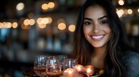 Young Asian woman smiling at romantic dinner with wine glasses and glowing candles creating intimate atmosphere against blurred restaurant bokeh lights background.