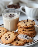Fresh baked chocolate chip cookies stacked on white plate with glass of milk, scattered chocolate chips and sugar crystals, cozy home baking scene.