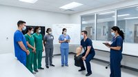 Medical team meeting in modern hospital conference room with healthcare professionals in scrubs discussing patient care and treatment plans.