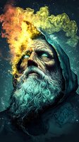Mystical elderly man with long white beard in hood, surrounded by ethereal smoke effects transitioning from fiery orange to turquoise against starry background.