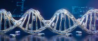DNA double helix structure with glowing effects on dark blue background for medical and scientific research presentations.