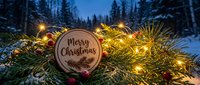 Wooden round sign with Merry Christmas text among pine branches, glowing fairy lights and red ornaments in snowy winter forest at dusk.