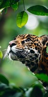 Jaguar looking up through lush green rainforest foliage, showcasing spotted coat pattern and alert expression in natural habitat.