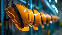 Yellow construction hard hats hanging in row on industrial wire mesh wall with blue bokeh background showing workplace safety and protection equipment.
