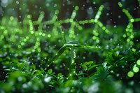 Young green plant sprout growing in magical forest environment with bokeh lights and water drops, creating dreamy natural macro photography scene.