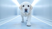 White Labrador puppy standing in futuristic corridor with blue neon lighting and metallic floor grating, creating modern sci-fi atmosphere for pet care and technology concept.