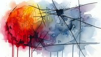 Abstract watercolor composition with vibrant orange and blue paint splatters, black ink lines, and dripping effects on white background.