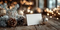 Blank greeting card with Christmas decorations, pine cones and ornaments on rustic wooden table with warm bokeh lights for holiday messaging and seasonal greetings.