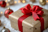 Festive gift box wrapped in gold paper with bright red satin bow, sparkly glitter details, and Christmas ornaments creating magical holiday atmosphere.