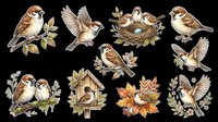 Sparrows clipart set with birds on branches, nest, birdhouse, and autumn leaves, isolated on transparent background, ready for stickers, t-shirt design, and print on demand.