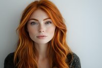 Young woman with natural red wavy hair and bright blue eyes wearing gray sweater against light background, soft natural makeup and serene expression.