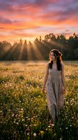 Young woman with long dark hair wearing a light gray linen dress standing in a wildflower meadow at golden hour sunrise with dramatic orange and pink sky, forest silhouette, and god rays. Portrait and nature photography.