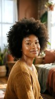 Young African American woman with natural afro hairstyle smiling warmly in cozy home interior wearing brown sweater for lifestyle and wellness content.