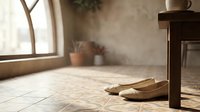 Pair of beige ballet flats resting on vintage patterned tile floor near wooden stool, soft natural window light, cozy home interior.