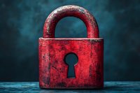 Weathered red padlock with keyhole against dark turquoise background, symbolizing security, protection and privacy concepts for business and technology designs.