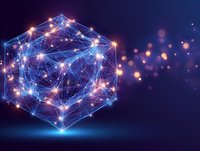 Glowing digital network in geometric hexagonal shape with connected nodes against dark blue background with bokeh light effect.