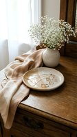 Elegant ceramic vase with white baby's breath flowers and jewelry on wooden dresser with soft beige fabric creating cozy home decor atmosphere.