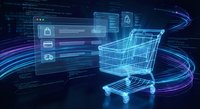Digital shopping cart with glowing interface screens and data streams representing online retail technology and e-commerce platform solutions.