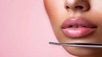 Close-up of plump glossy lips with professional makeup application tool against pink background, showcasing beauty and cosmetic artistry in modern aesthetic treatment.