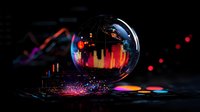 Vibrant cityscape reflected in soap bubble against dark background with colorful bokeh lights creating magical atmospheric composition.