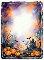 Watercolor Halloween frame with jack-o-lanterns, bats, haunted house, and spooky trees, featuring a bright center copy space for text.
