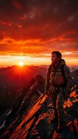 Male hiker in outdoor gear stands on rocky mountain peak during dramatic golden sunrise, gazing at expansive valley below. Adventure and exploration concept.