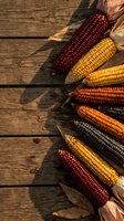 Colorful heirloom corn varieties arranged on rustic wooden planks with autumn leaves and dramatic shadows for harvest season cooking and farm-to-table concepts.