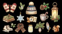 Cozy winter holiday collection with mittens, hat, lantern, hot cocoa, pine cones, and festive decorations isolated on transparent background. Ready for t-shirts, stickers, clipart, and print-on-demand designs.