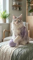 Fluffy gray and white Maine Coon cat sitting on knitted blanket with yarn ball in cozy modern living room interior with plants and wooden shelves.