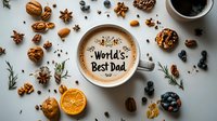 Coffee cup with fathers day message surrounded by nuts, dried fruits, spices and coffee beans on white background, flat lay composition for greeting cards.