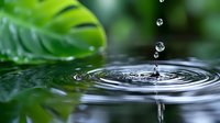 Water drop falling into calm surface creating concentric ripples with tropical monstera leaf in background, captured in macro photography with selective focus.