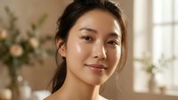 Young Asian woman with natural makeup and glowing skin in soft morning light, skincare and beauty concept for wellness and self-care routines.