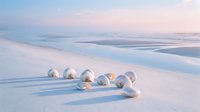 Glossy white spheres scattered on pristine beach sand with gentle ocean waves and soft pastel sky creating serene coastal atmosphere for luxury design.