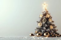 Decorated Christmas tree with glowing star topper, bitcoin ornaments, and golden baubles on snowy surface against light background. Modern holiday concept.