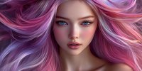 Young woman with vibrant multicolored hair in pink and purple hues, bright blue eyes, and natural makeup against dark background, fantasy art style portrait.