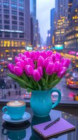 Vibrant pink tulips in turquoise pitcher with coffee cup and notebook against blurred city lights background creates cozy urban atmosphere for lifestyle blogs.