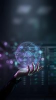 Hand holding glowing digital sphere with interconnected technology icons and circuit patterns, representing artificial intelligence, data network, and innovation in futuristic business environment.