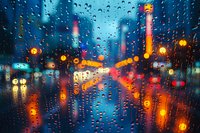 Blurred city lights and bokeh through wet glass with raindrops during evening rush hour, creating atmospheric urban mood perfect for background designs and emotional storytelling.
