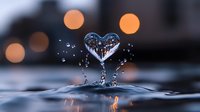 Water drop splash forming heart shape with bokeh lights in background, frozen moment macro photography capturing liquid dynamics and romantic atmosphere.