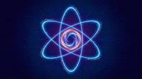 Glowing atomic structure with orbital rings and energy core on dark blue background for science education and technology presentations.