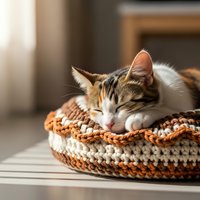 Adorable tabby kitten sleeping peacefully in cozy crocheted basket by sunny window. Warm home interior with soft natural lighting for pet care content.