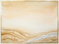 Vintage aged paper with flowing wavy layers in warm beige and cream tones, featuring organic undulating patterns and subtle blue accents. Distressed borders and weathered texture create an antique aesthetic suitable for backgrounds, scrapbooking, or decorative design projects.
