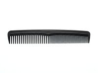 Black plastic hair comb with wide and fine teeth sections isolated on white background, suitable for hair care product design and salon marketing materials.