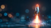 Glowing rocket launch with bright flame reflection on water surface against dark blue bokeh background, startup business concept and innovation symbol.