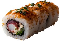 Fresh sushi roll with tuna, cream cheese and cucumber, topped with tempura flakes and green onion, isolated on white background for menu design.